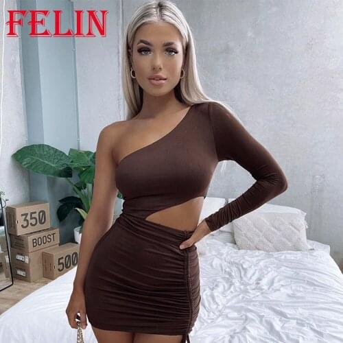 Za 2021 Y2k Pleated Women Dress Brown Hollow Asymmetrical One-Shoulder Party Fashion Autumn Mini Dress Club Y2K Sexy Vestidos