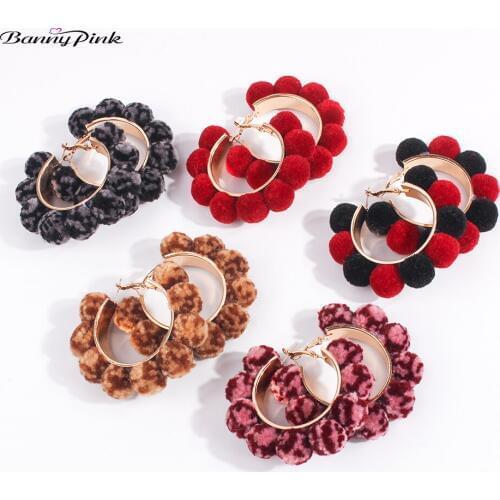Banny Pink Bohemia Pompom Statement Stud Earrings For Women Large Geometric Circle Earring Ethnic Multilayer Bulb Post Earrings