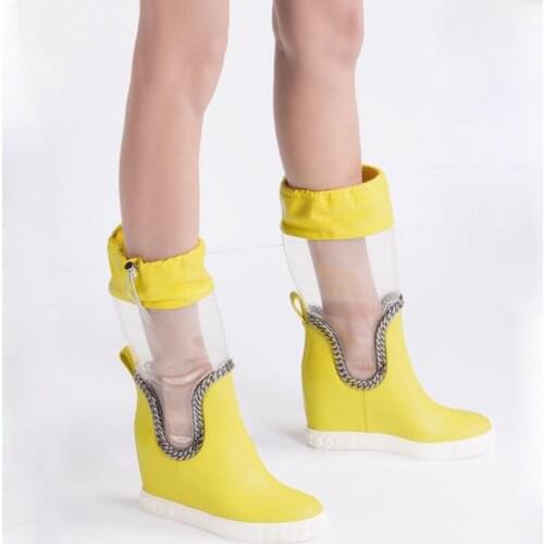 Ladies Clear PVC Patchwork Metal Chains Boots Height Increasing Transparent Elastic Mid-calf Bright Color Cow Leather Bottines