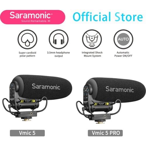 Saramonic Vmic5 Super-Cardioid Shotgun Microphone providing broadcast-quality audio to DSLR Mirrorless Video Cameras
