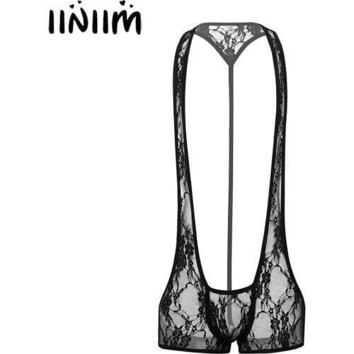 Mens Panties See Through Sheer Lace Racer T-Back Jockstraps Bulge Pouch Open Butt Leotard Bodysuit Wrestling Singlet Underwear