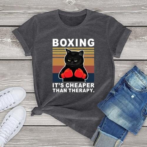 Funny boxing cat t shirt women clothing Black Cat Boxing Its Cheaper Than Therapy kawaii women Shirts 100 cotton unisex men tops