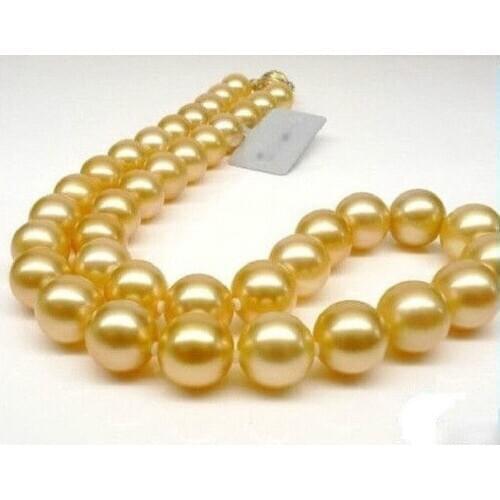 Hot selling *******Real Huge 18" Round 11-12mm AAA south sea golden natural pearl Necklace