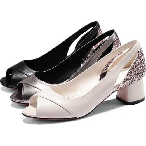 GUIDIBASICWomens Sandals Fish Mouth Genuine Cow Leather Summer Shoes For Heels Sandals High Heels Summer Handmade Cover Heel