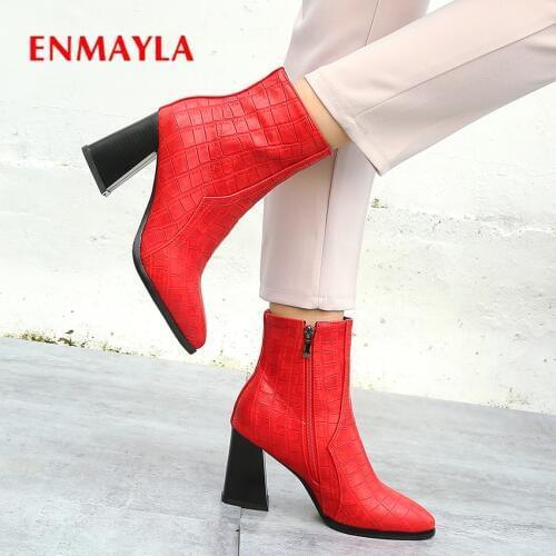 ENMAYLA Pointed Toe Fleece Checkered Women Winter Shoes High Square Heel Autumn Ankle Boots for Women Platform Boots fashion