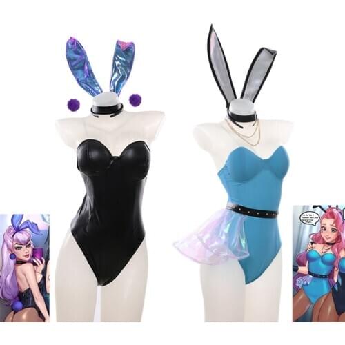 Sexy Women Bunny Girl Cosplay LOL KDA Cos Seraphine Evelynn Cosplay Costumes with Bunny Ears Full Set Leather Party Dress