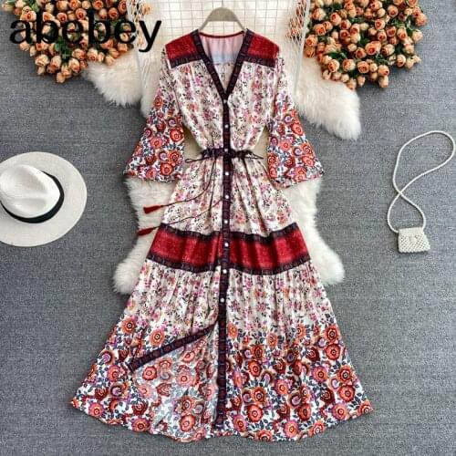2021 New Spring Autumn Bohemian V-neck flare sleeve Dress single breasted high waist lace up print long A-line big skirt Dress