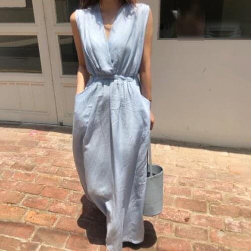 Women Summer Blue Long Tank Dress 2021 New Deep V Neck High Waist Drawstring Waistbelt A-line Maxi Sundress