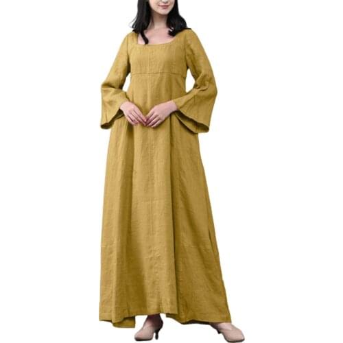 New woman dress Retro O Neck Long Sleeve Solid Color Large Hem Cotton Linen Maxi Dress vestido de mujer платья на новый год2021
