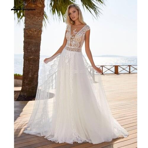 Robe de mariée Deep V Neck Lace Cap Sleeve Backless Wedding Dresses Sexy Beach Bridal Gown trouwjurk vestido para boda playa
