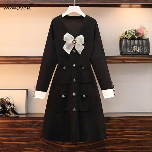 Fashion New Autumn Winter Buttons Bowknot Knitting Sweater Dresses Women Long Sleeve Knitwear Solid Black Casual Party Vestido