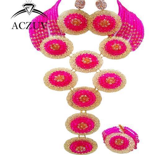 ACZUV Brand Hot Pink and Gold AB African Costume Jewelry Set for Women Nigerian Wedding Beads A10R006