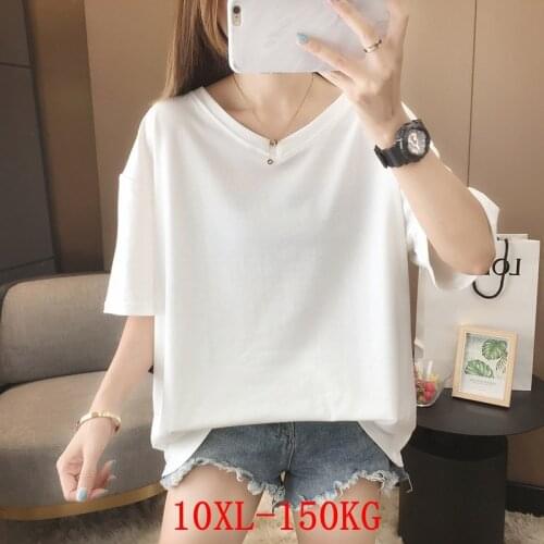 Large womens T-shirt plus size 7XL 8xl 9xl 10xl summer V-neck short sleeve loose oversize black red white big T-Shirt Top