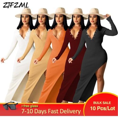 Bulk Items Wholesale Lots Womens Maxi Dress Casual Simple Buttons Up Cleavage Full Sleeve Vestido Chic OL Side Slit Dresses
