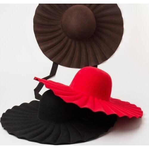 New fashion 100% woolen shell crease big brim top hat shading concave shape big eaves wool felt hat
