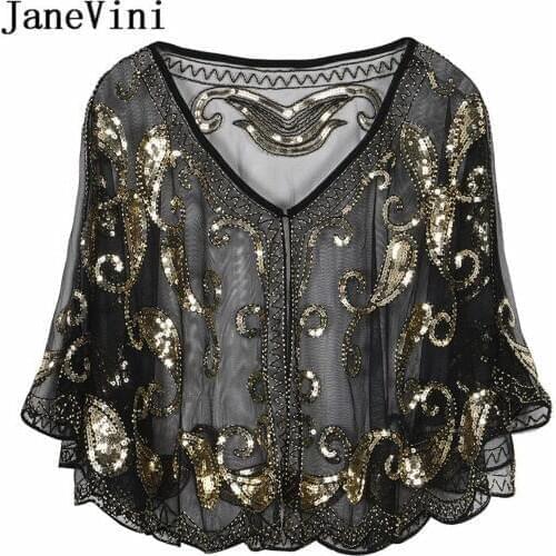 JaneVini Sparkling Sequined Women Bolero Short Bridal Wrap Shawl 2019 V Neck Summer Wedding Cloak Cape Beaded Brides Accessories