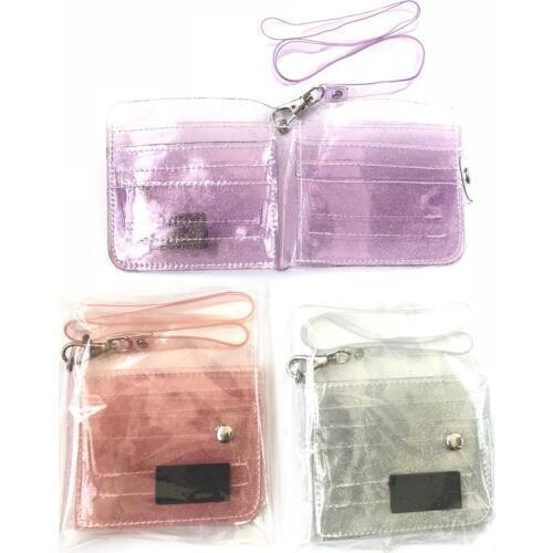 Bling Transparent ID Card Holder Wallets PVC Folding Lanyard Short Wallet Fashion Women Girl Glitter Business Card Case Purse