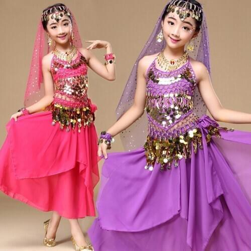 5PCS Set Children Belly Dance Costumes for Girls Stage Show Suit Kid Coin Belly Dancing for Girl Indian Bollywood Dance Skirt