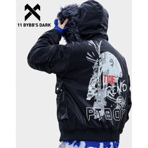 11 BYBBS DARK Winter Thick Fashion Black Bomber Jackets Men Casual Streetwear Cotton Padded Baseball Overcoat Urban Outwear