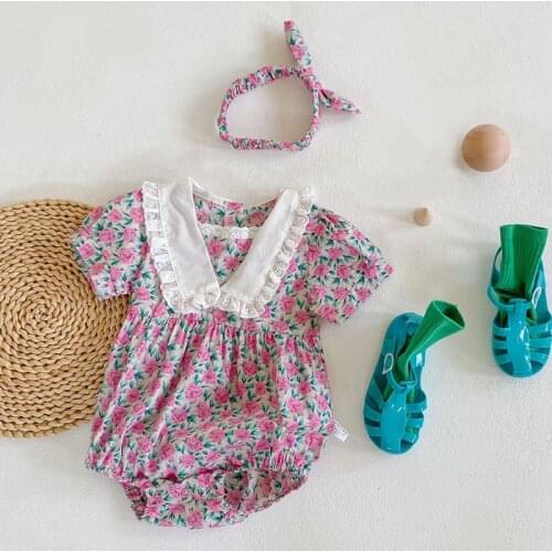 New 2021 Newborn Infant Baby Girls Purple Flower Rompers Clothing Summer Kids Girl Short Sleeve Rompers Clothes