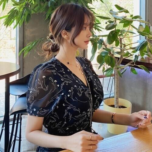 New arrival fashion chiffon dress women elegant summer v-neck puff sleeve perspective temperament black print a-line dress