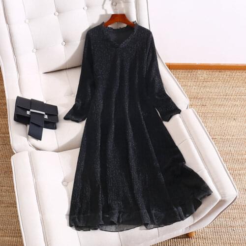 Women 2021 Autumn Winter New Mid-long Solid Color Dress Female Plus Size Loose Dresses Ladies Fashion V-Neck Warm Vestidos V632