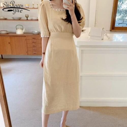 Plus Size Chic French Summer Dress Cotton Square Neck Lace Dress for Women Casual Elegant Bubble Sleeve Dress Vestidos 13957