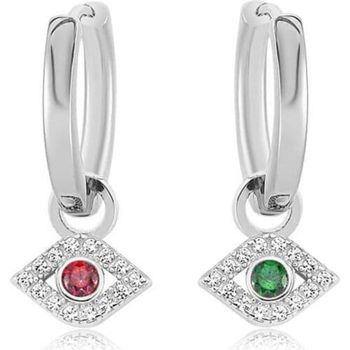 Valori Jewels Evil Eye, Zirconia Red And Green Gemstone, Rhodium Plated, Sterling Silver Small Plain Hoop Charm Earrings