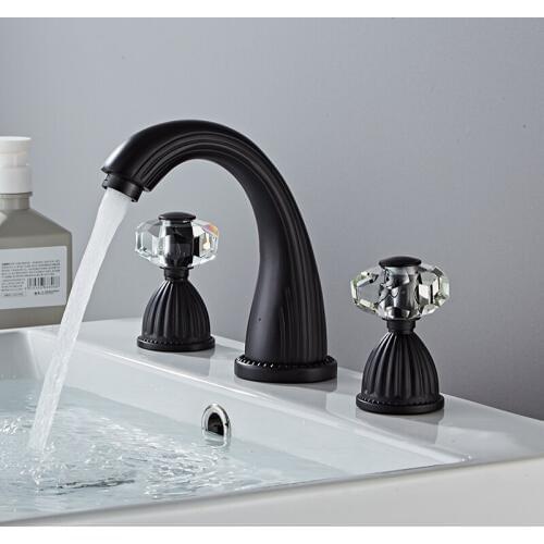 Basin Mixer Faucets Black Brass Bathroom Sink Faucet 3 Holes Double Crystal Handle Hot and Cold Water Gold Bathroom Bathtub Taps