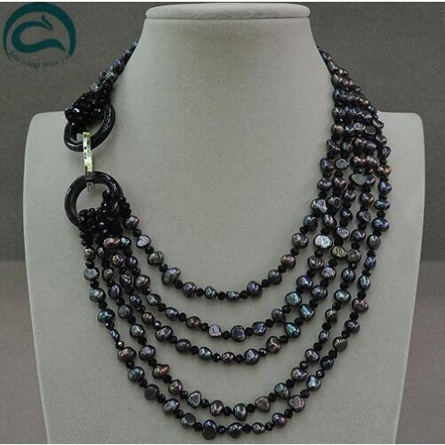 Unique Pearls jewellery Store AA 4-8mm Black Color Genuine Freshwater Pearl Crystal Beads Agates Necklace 5Rows 45-60cm