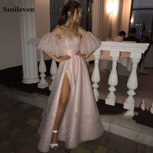 Smileven Shiny Side Split Formal Evening Gowns 2020 Glitter Sparkle Detachable Flare Sleeve Long Prom Beach Party Dresses