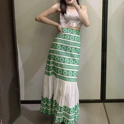 Hirigin Fashion Green Skirts Women Embroidered Long Summer Skirt 2021 High Waist Skirt Woman Fashion Ruffle Midi Skirt Ladies