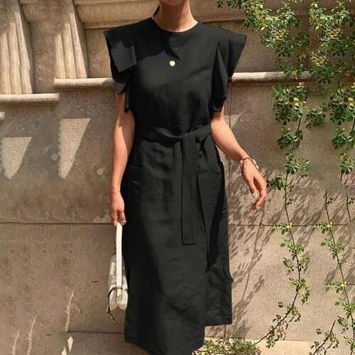 Women Summer O-neck Sleeveless Solid Color Dress Soft Ruffle Mid-Calf Belt Midi Dress Sundress Long Dresses for Beach
