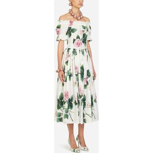 2020 Summer Runway Sicily Rose Floral Print Long Dress Womens Elastic Waist Off Shoulder Slash Neck Short Sleeve Holiday Dress