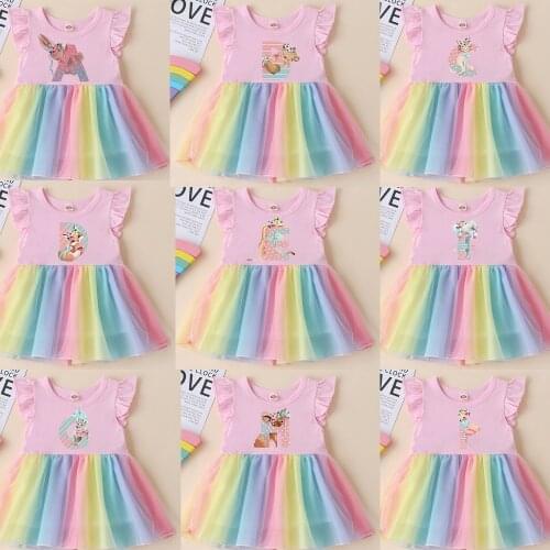 Monogram Initials girl rainbow dress flower alphabet princess dress Child Dresses Costume For Girls Kids Cartoon Animal Dress