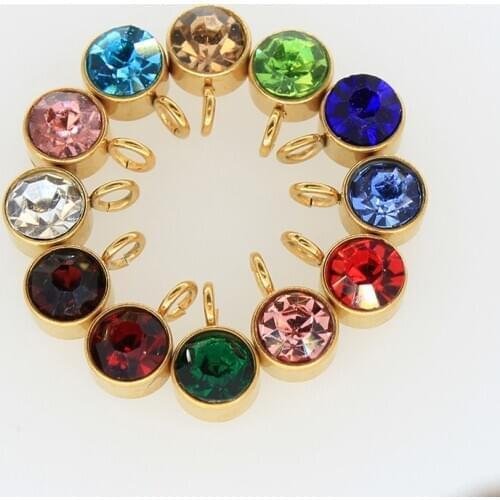 12pcs Gold Color Birthstone DIY Birthday Stones 12 Months Stainless Steel Size 6*9mm Charms Pendants