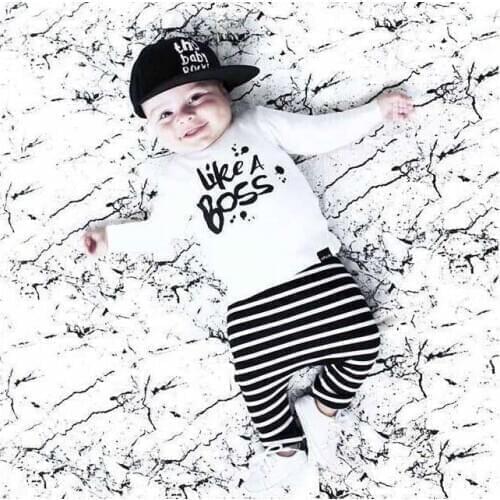 2020 Baby Boys Clothes Casual Cotton Long Sleeve Like A Boss White T-shirt+Stripe Pants 2PCS Baby Boy Clothing Sets Infant Suit