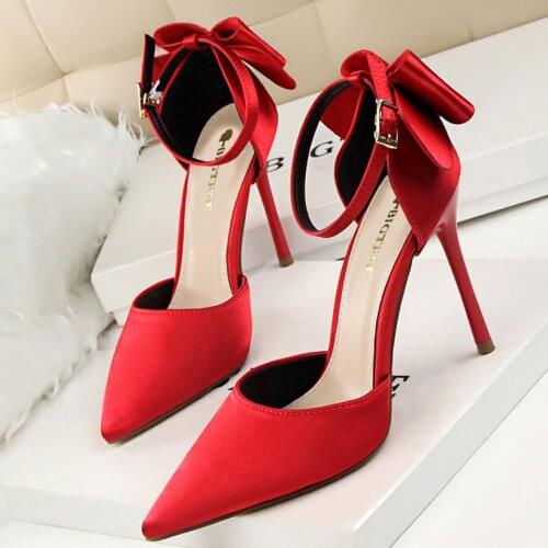 2021 New Sexy Women 10cm High Heels Size 43 Sandals Wedding Bridal Scarpins Heels Fetish Stiletto Bow-Knot Pumps Red Party Shoes