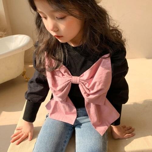 2021 Spring New Pink Big Knotbow Baby Girls T-shirts Puff Sleeve Korean Style Kids Tops Children Princess Tees