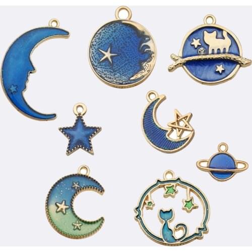 24pcs Blue Night Sky Moon Stars Drop oil Alloy Small Pendant DIY Crafts Supplies Bracelets Earring Phone Ornament Hang Materials