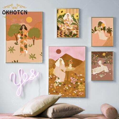 Abstract Leaf Flower Colourful Woman Wall Art Canvas Painting Nordic Posters and Prints Girl Wall Pictures for Living Room Decor