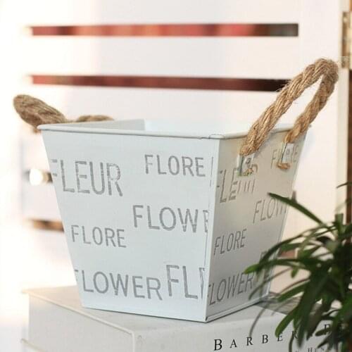 Flower Letter Pattern White Metal Buckets Square Rectanglar Oval Succulent Plant Container with Twine Handles Garden Supplies