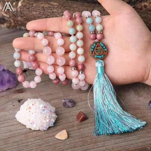 Tassel Round Charms Pendant 8mm Natural Pink Quartz Rhodonite Amazonite Beads 108pcs Prayers Beads Knotted Handmade Necklace