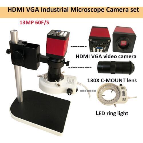 Digital HDMI VGA Industrial Microscope Camera video Microscope sets HD 13MP 60F/S+130X C mount lens+LED ring Light +metal stand
