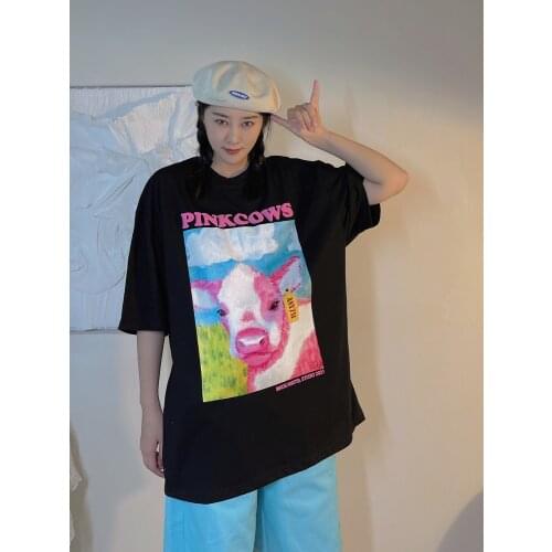 Retro printed short sleeve T-shirt womens oversize summer Korean students' top fashion tees