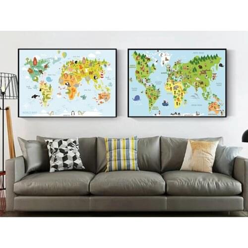 Art Canvas Print Painting Baby Kids Bedroom Decoration Sea Life Continents Animal World Map Picture Children Poster Nursery Wall