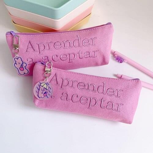 Ins Purple English Letter Pencil Case Kawaii Stationery Bag with Rabbit Pendant Pencil Bag Office School Supplies Pencil Pouch