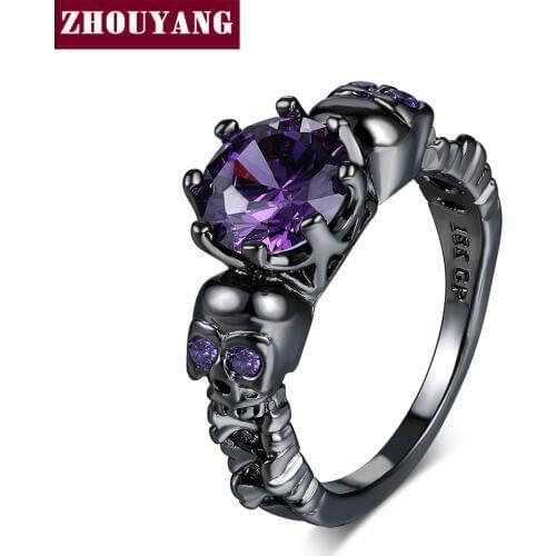 ZHOUYANG Skull Ring For Women Punk Style Cubic Zircaonia Skeleton Black Gold Color Cocktail Party Fashion Jewelry R523