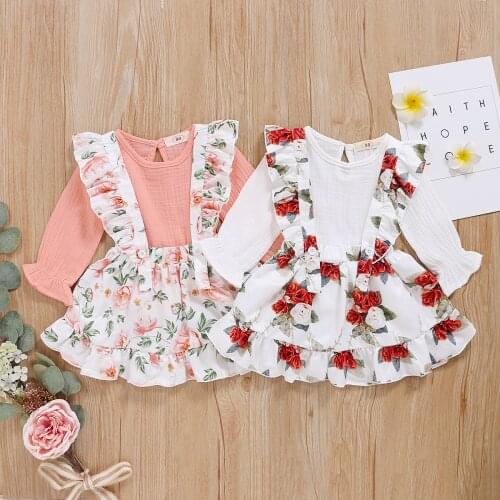 2020 1-6Y Sweet Kids Baby Girl Clothes Cotton Linen 3pcs Solid Color Long Sleeve Blouse Ruffle Floral Print Suspender Skirt Set
