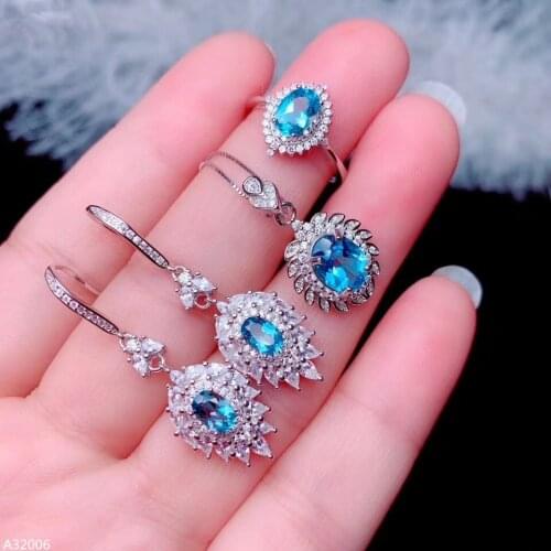 925 Sterling Silver Natural Topaz Ring Pendant Earrings 3 Piece Set Womens Translucent Pure New Geometric Square Support Detect